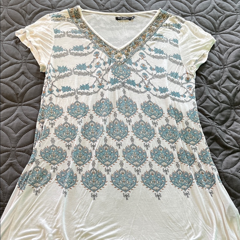 Beaded printed V neck tunic